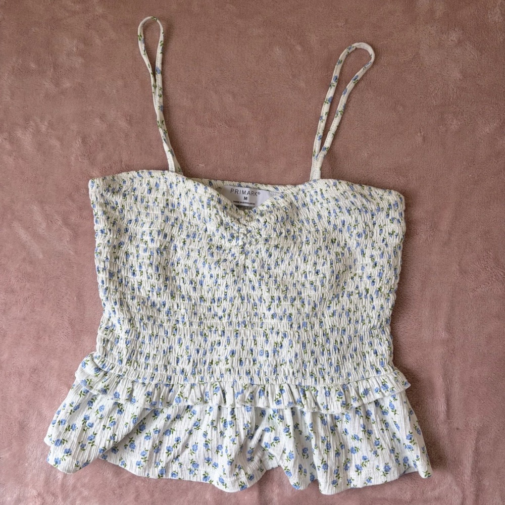 Cottagecore Blue Floral Smocked Peplum Cami Top Spaghetti Strap M